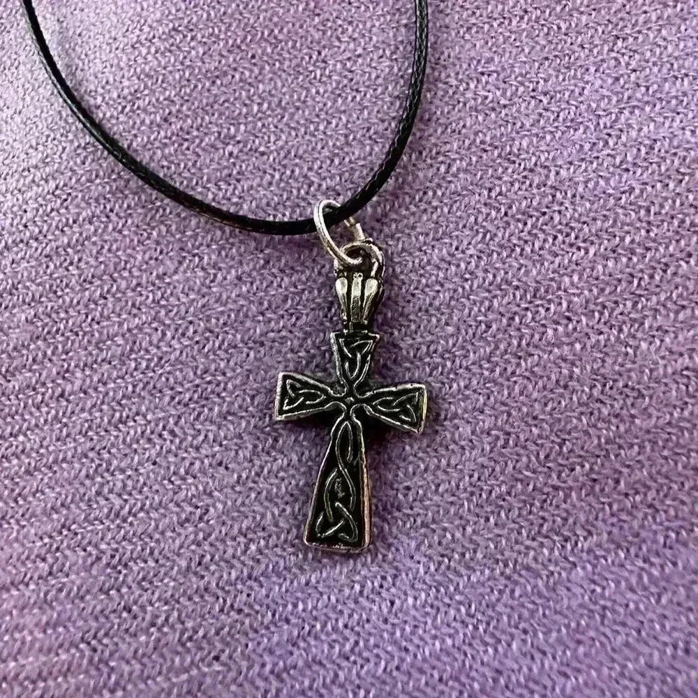 Sterling Silver Small Celtic Cross on Thin Black Rope - Picture 2 of 3